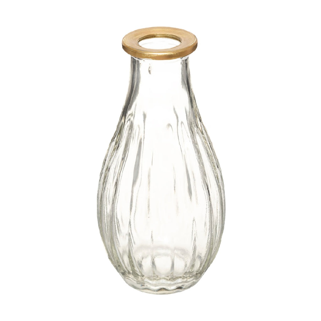Jarrón decorativo de vidrio transparente con borde dorado