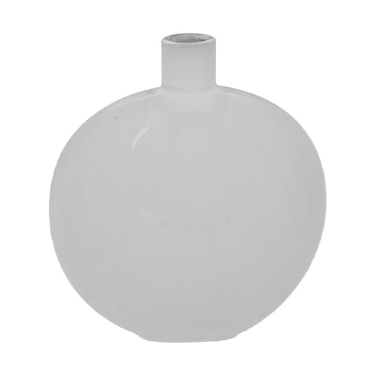 Jarrón decorativo de cerámica blanca, forma esférica con cuello corto